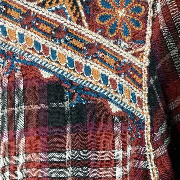 JOHNNY WAS WORKSHOP Shirt M Floral Embroidery Plaid Long Sleeve Button - Picture 5 of 12